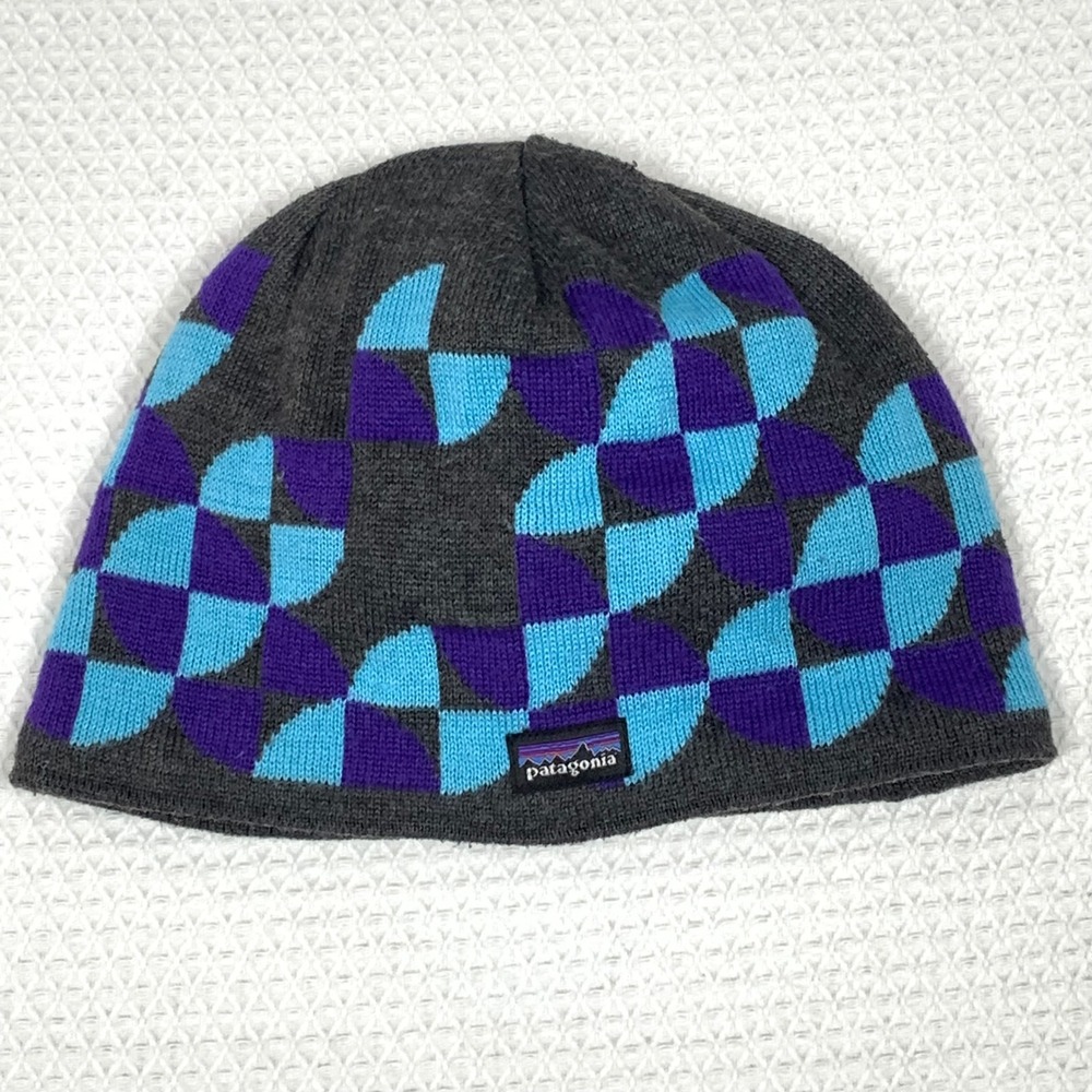 Patagonia Beanie Hat Geometric Knit Blue Purple Grey Fleece Lined Ski Cap